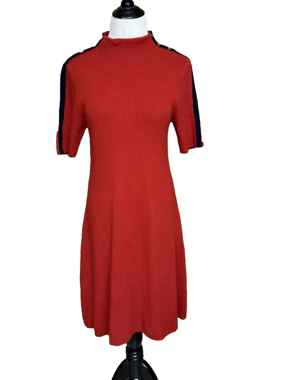 Tory Burch Sardy Red Sweater Dress Women Size L Merino Wool Stripe Mock Neck NWT